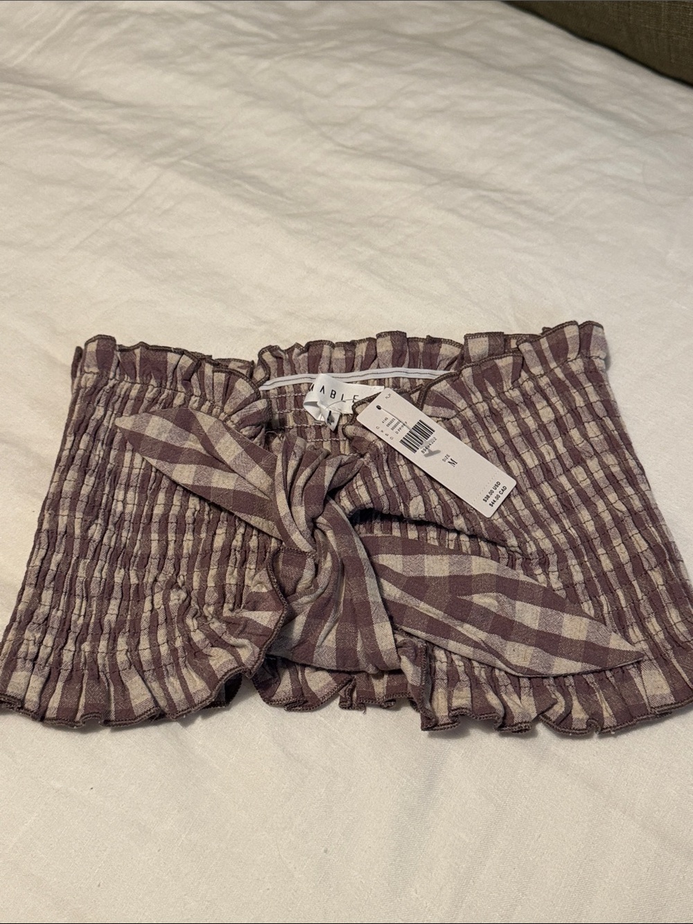Mable Smocked Tie-Front Bandeau Top in Mauve Plaid